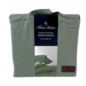 Brooks Brothers Linen Cotton Sheet set KING Sage Green Soft Washed Deep Fitted